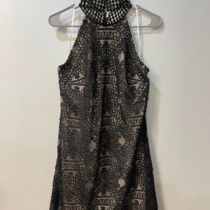 Nicole Miller Halter Dress- Size 12, Black Lace Halter with Tan Underlay (NWT)